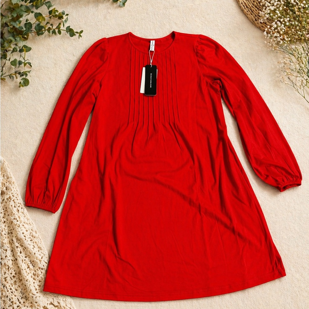 Red Long-Sleeve Pleated Women's Dress